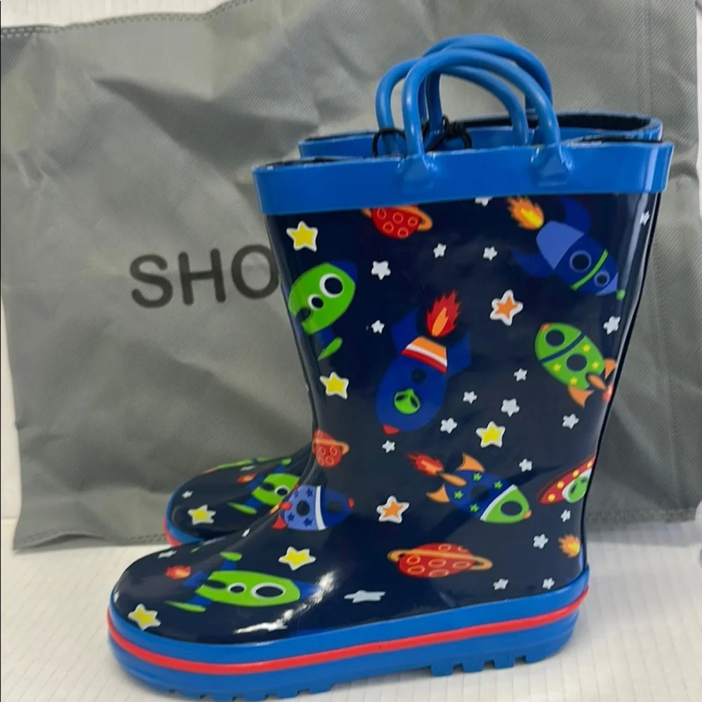 Kids Blue Space Rocket Rain Boots